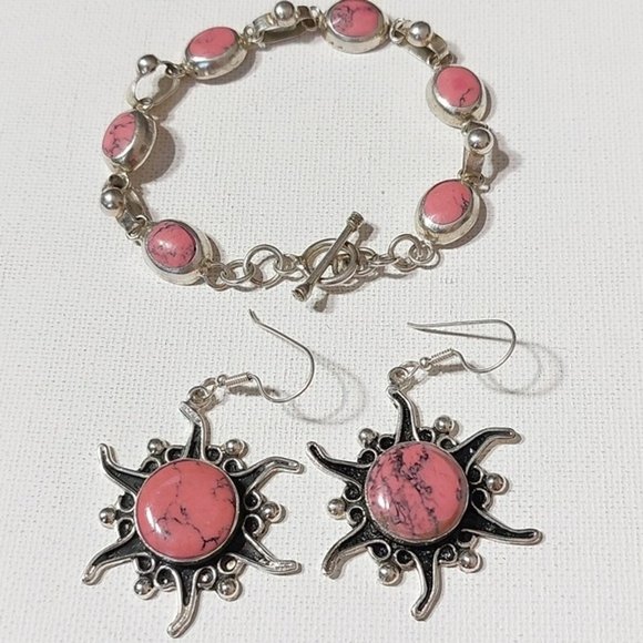 Unbranded Jewelry - Signed 925 Mexico Pink Turquoise Link Bracelet Starburst Earrings Set